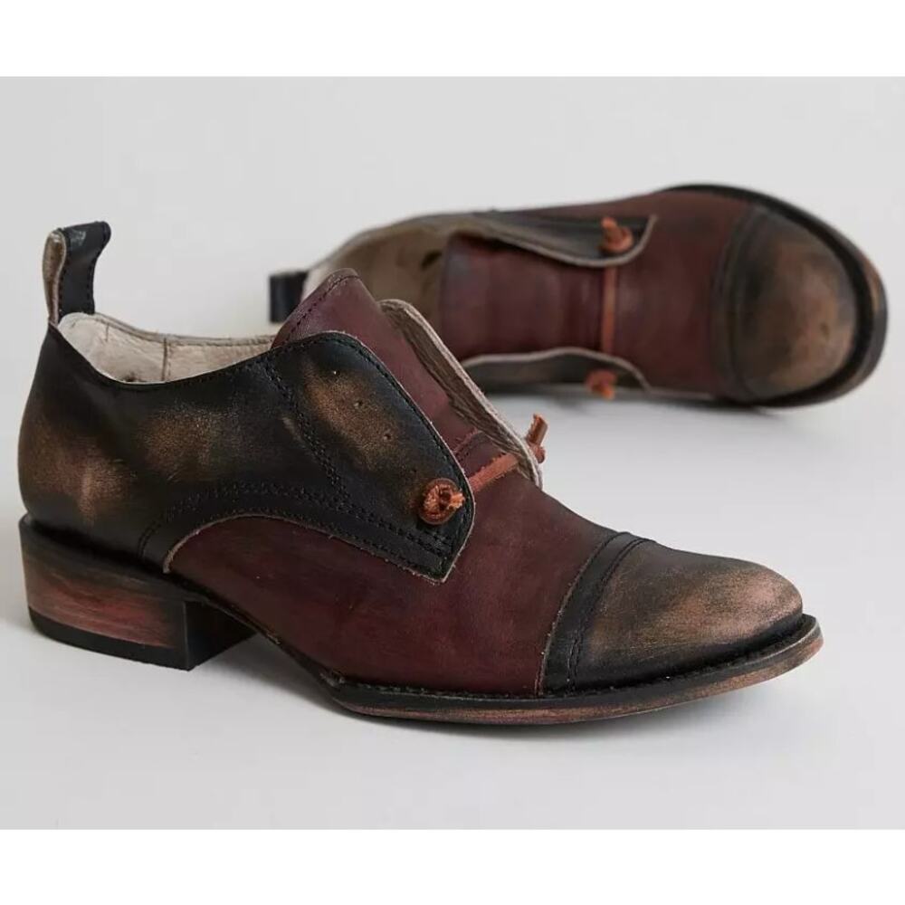 Freebird Mabel Distressed Leather Loafers Brown Slip-On Cap Toe Heeled Boho 6